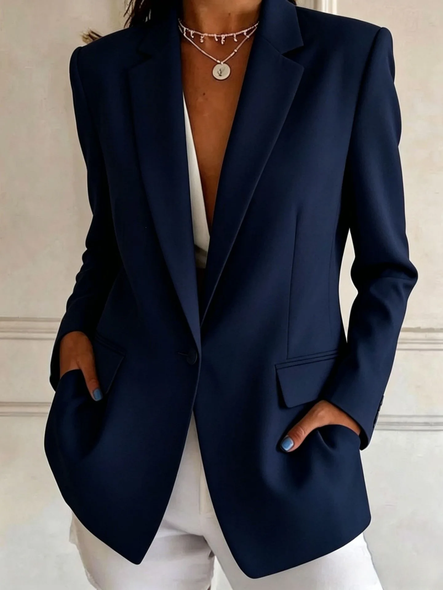 Blazer mit gekerbtem Revers, Ein-Knopf-Verschluss, langen Ärmeln, lockerer, gerader Schnitt, mit Pattentaschen, Business-Büro-Pendler-Freizeit-Oberbekleidung – Detail 3