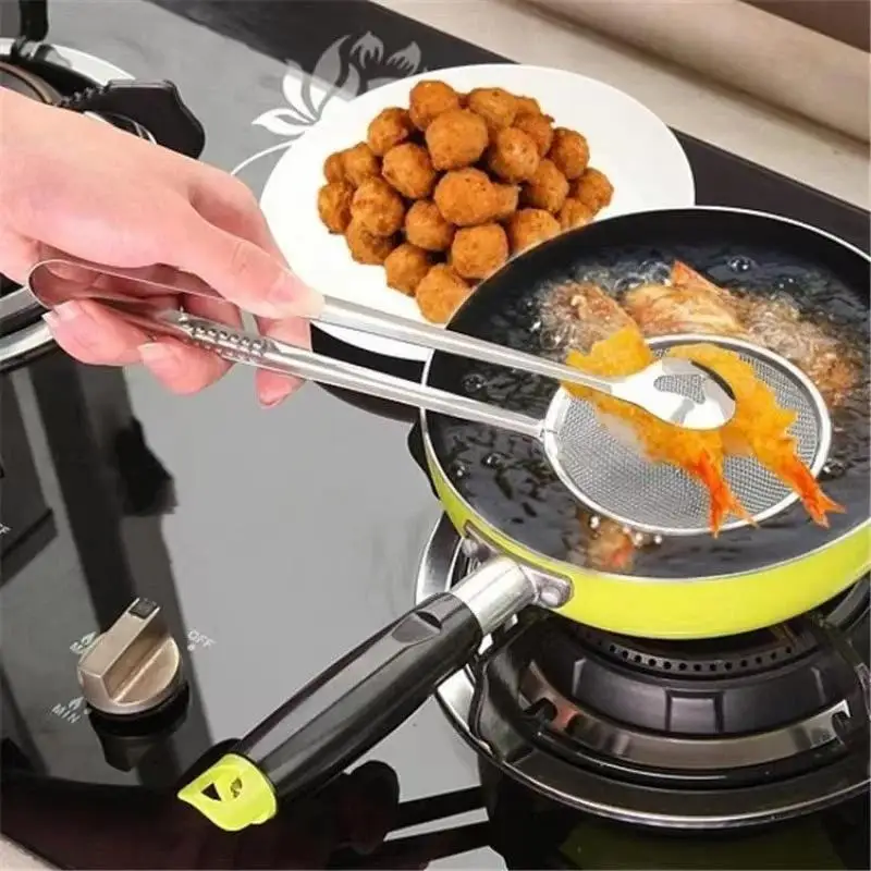 Stainless Steel Oil Frying Clamp Filter Fine Mesh Strainer With Clip Tongs For Oil-frying Food BBQ Kitchen Tools