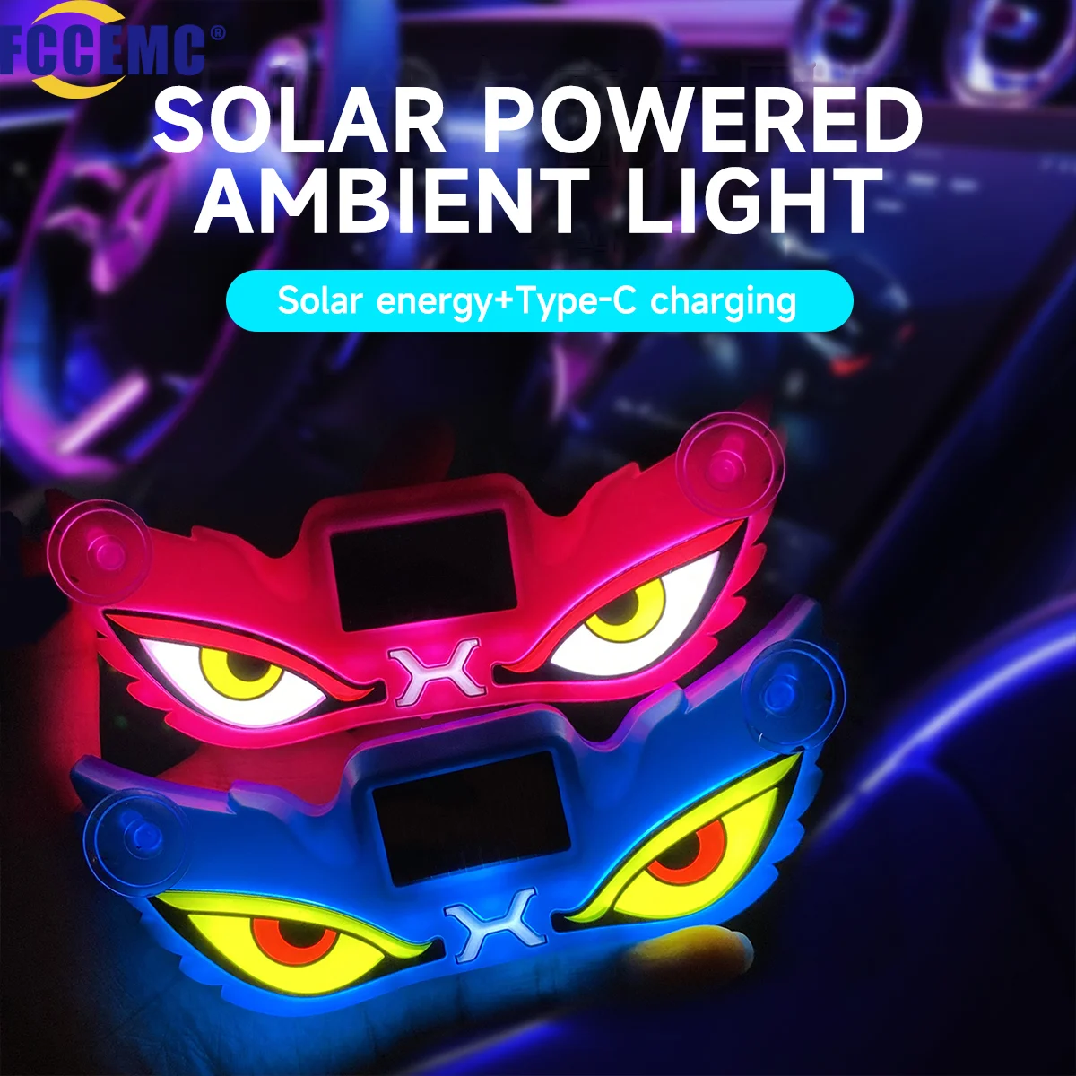 Solar Powered Demon Eye LED Atmosphere Light with Suction Cup Wireless USB Rechargeable Breathing Car Ambient Lamp Universal