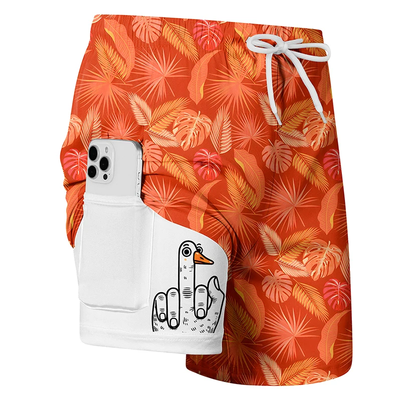 Men's Prank Duck Print Board Shorts with Compression Liner Summer Casual Beach Shorts with Phone Pocket Quick Dry Swim Trunks - view 4