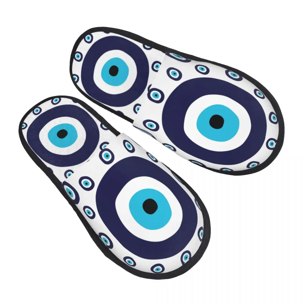 Custom Navy Blue And Aqua Nazar Evil Eye Lucky Charm Pattern House Slippers Women Comfy Memory Foam Amulet Boho Slipper Shoes