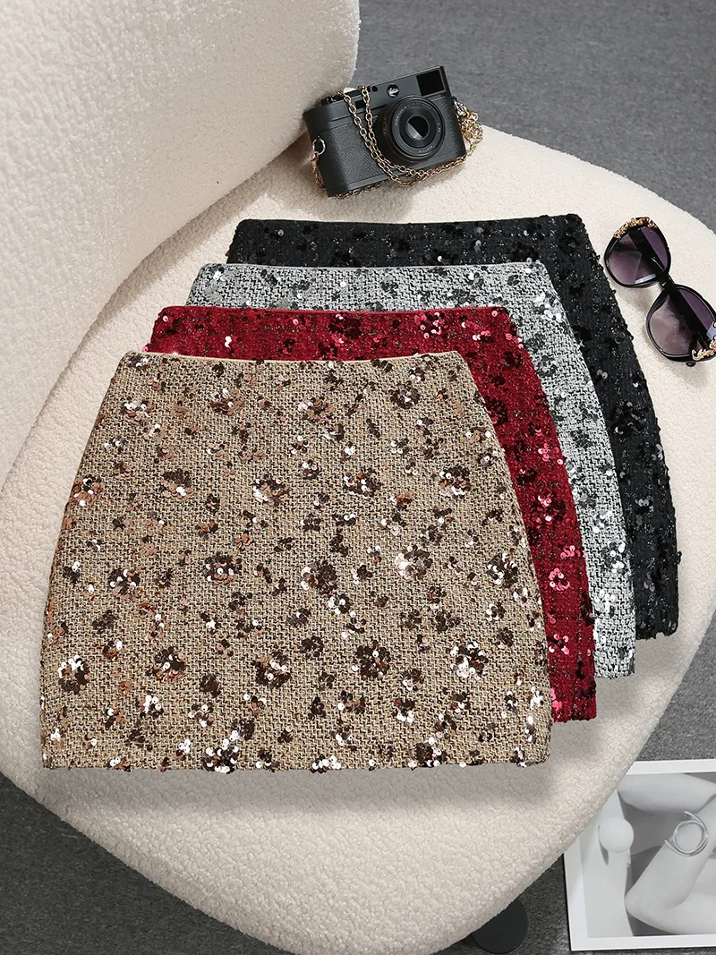 

New Fashion Casual High Waist Solid Color Slim Fit Sequins Zipper Fly Above-Knee,Mini Skirt,4 Colors