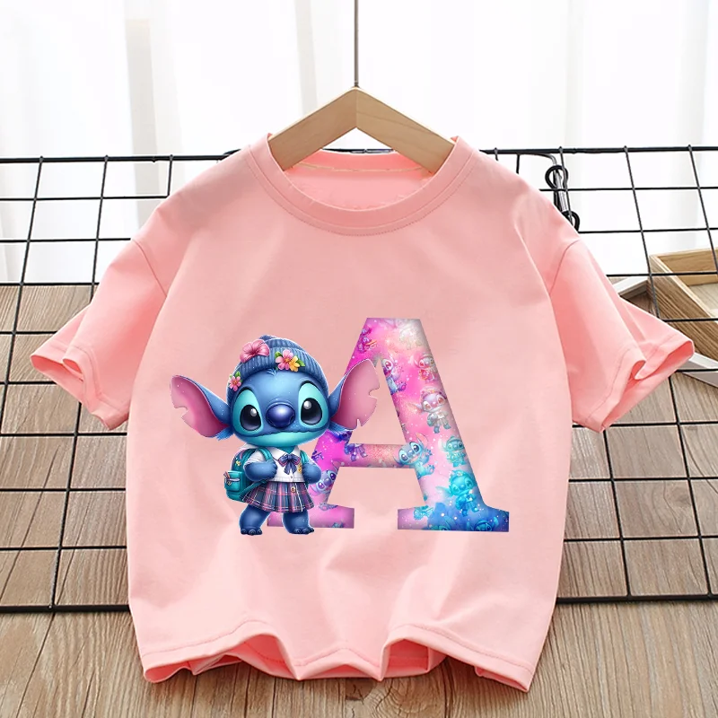 

Stitch Disney T-shirt for Child A-Z Letters Tee Tops Cute Cartoon Boy Girl Clothes Anime Kids Short Sleeve White Loose Clothing