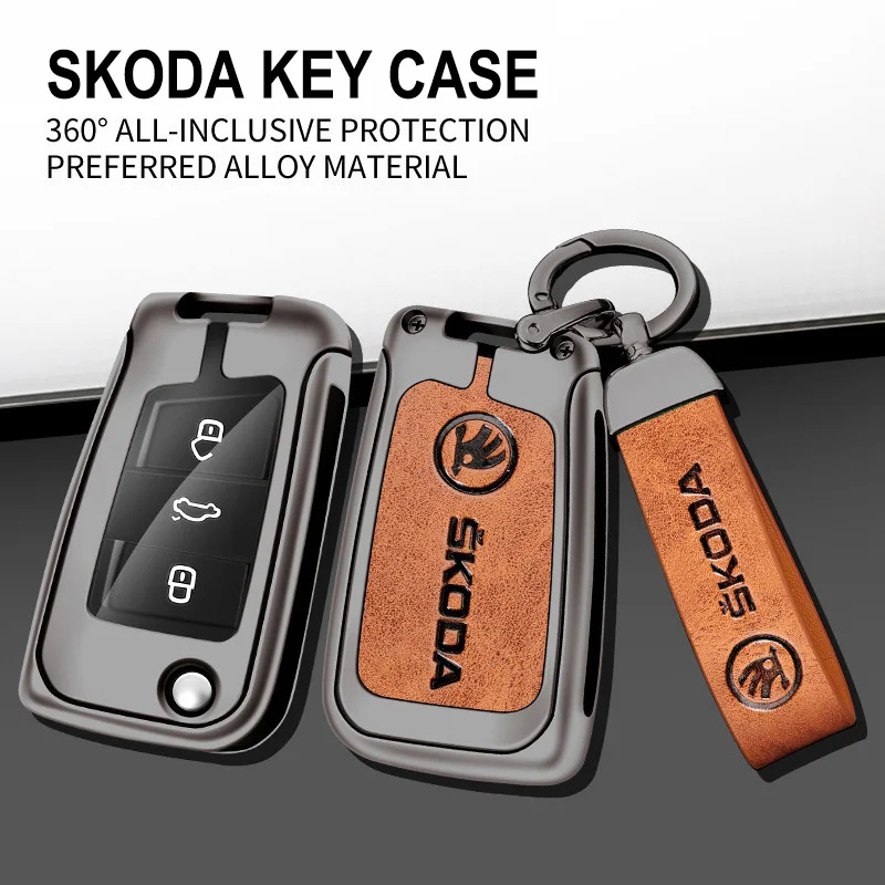 

Zinc Alloy Leather Car Flip Remote Key Fob Case Cover Protector Shell Bag For Skoda Octavia A7 Kodiaq Karoq Keychain Accessories