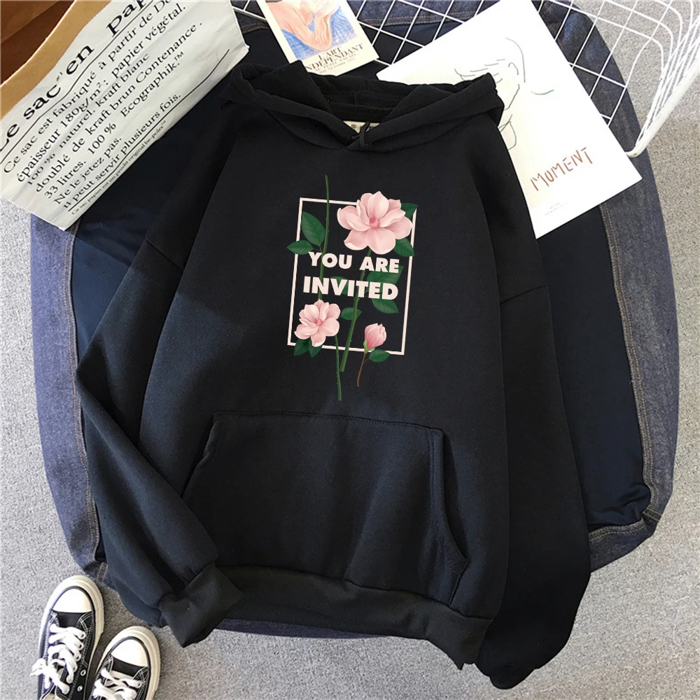 

You Are Invited Pink Flowers Print Women Hoody Fashion Pocket Y2K Hoodies Hip Hop Loose Pullover Casual Fleece Unisex Clothes