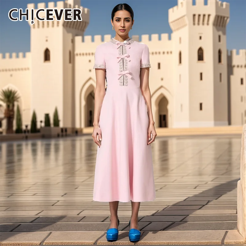 

CHICEVER Patchwork Bowknot Elegant Dresses For Women Round Neck Short Sleeve High Waist Spliced Diamonds Slimming Dress Female