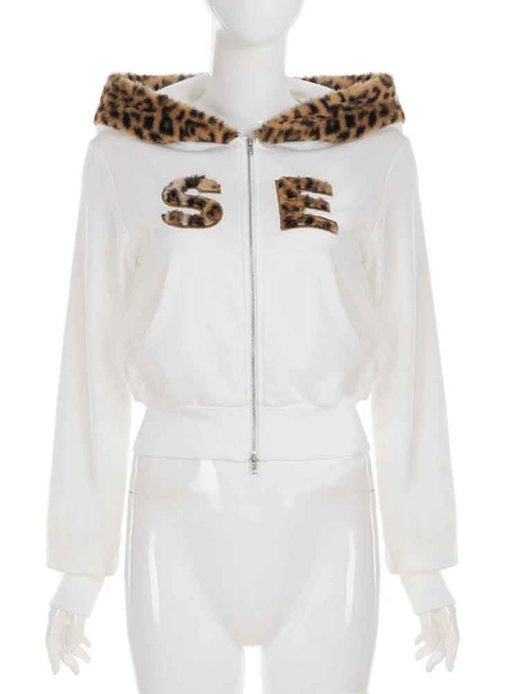 SsTss 2025 Women's Street Fashion Hoodie Letter & Leopard Print Long Sleeve Hooded Sweatshirt Fuzzy Crop Jacket Casual Outerwear