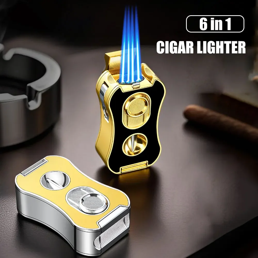 

Многофункциональная зажигалка 6-в-1, сильная четыре синих пламени, несколько резаков для сигар, аксессуары для курения тела из сплава, подарок для мужчин