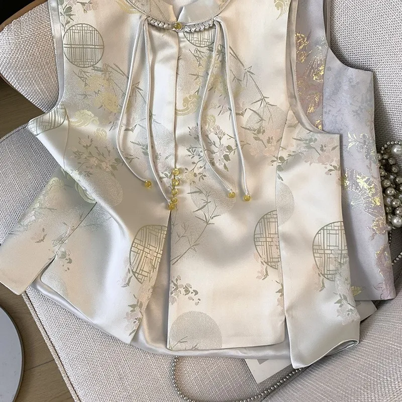 Nuevo estilo chino pequeño cuello redondo disco viento nacional industria pesada bordado top chaleco cardigan señora abrigo