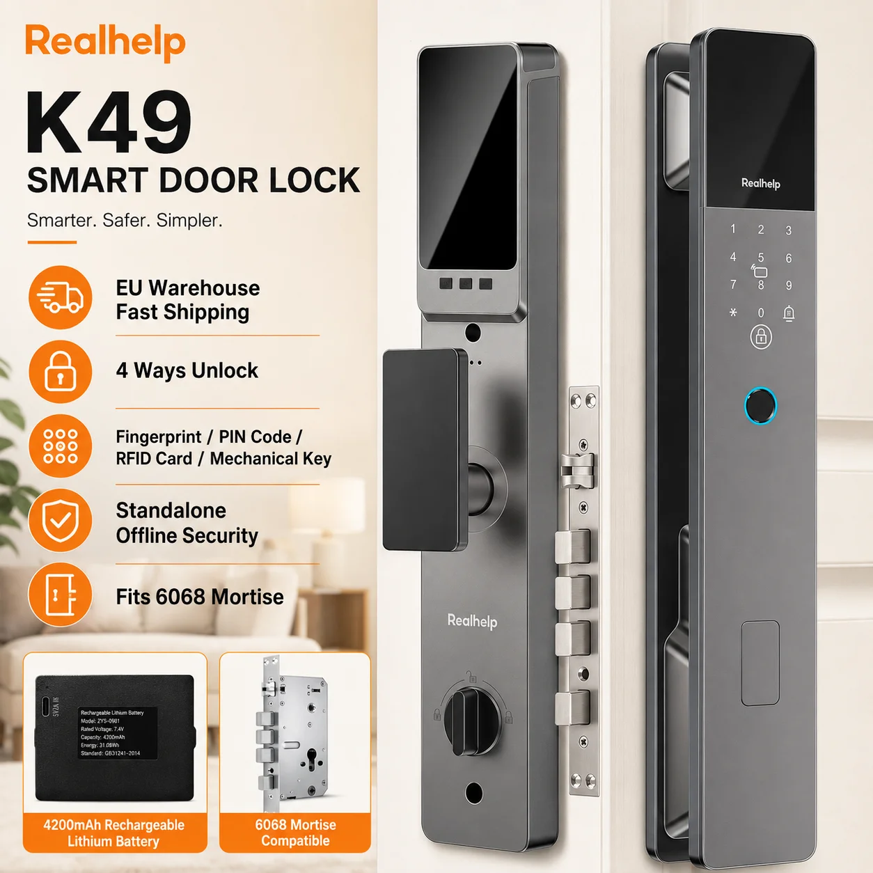 Realhelp K49 Smart-Türschloss 6068 Einsteckschloss mit Fingerabdruck, PIN-Code, RFID-Karte, schlüsselloser Zugang, elektronisches Schloss, 4200mAh wiederaufladbare Batterie, eigenständige Sicherheit