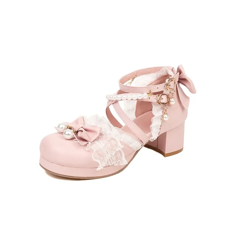 YQBTDL 2025 Princess Cosplay Lolita Cross Strap Women High Heel Mary Jane Sandals Party Wedding White Pink String Bead Bow Shoes - view 6