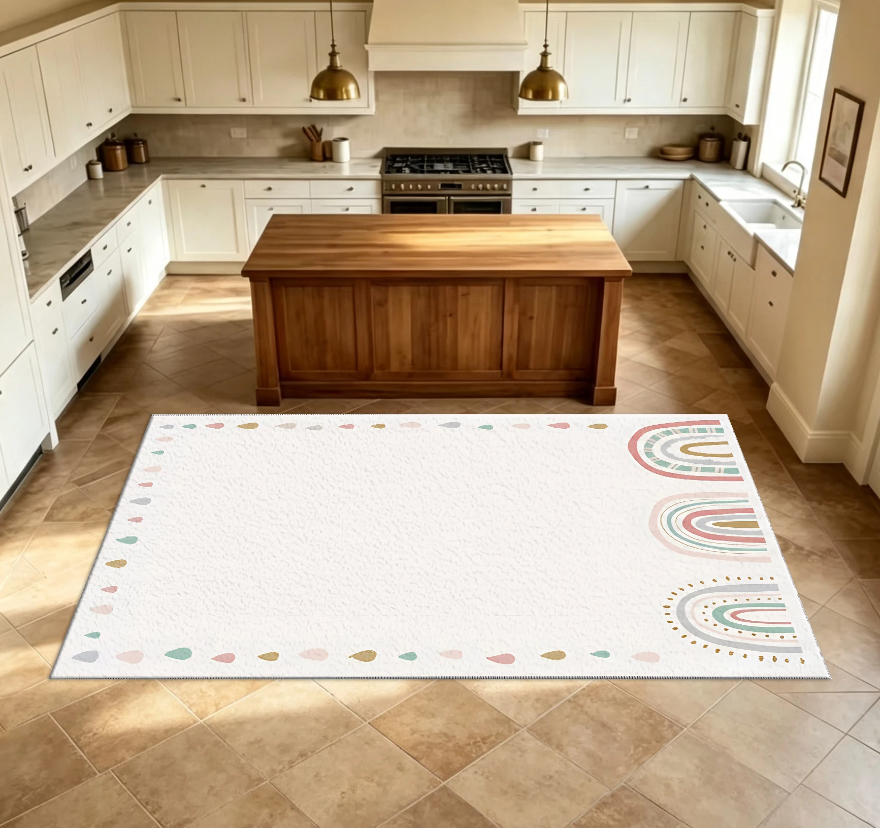 Boho Pastel Rainbow Border Rug, Soft Watercolor Rainbow Non-Slip Floor Mat, Suitable for Baby Room, Children's Room, Home Decoration