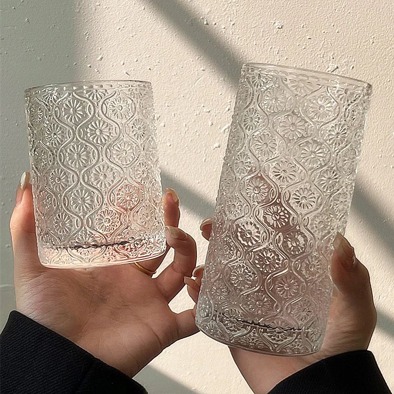 250/360ml Begonia Pattern Texture Creative Cocktail Transparent Glasses Drinking Drinkware Wine Goblet Juice Ice Coffee Cold Cup