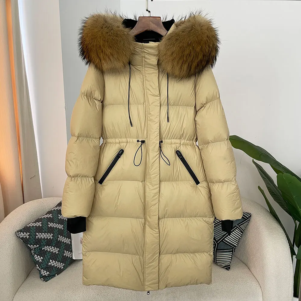 2024 Winter New Slim Warm Jacket Female Casual Fashion White Duck Down Real Fox Fur Real Raccoon Fur Long Hooded Coat Women