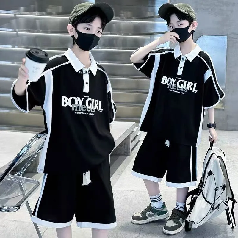 

Summer Preppy Boys Patchwork Alphabet T-Shirt And Drawstring Shorts 2-Piece School Kids Tracksuit Children Outfits for Ages 5-14