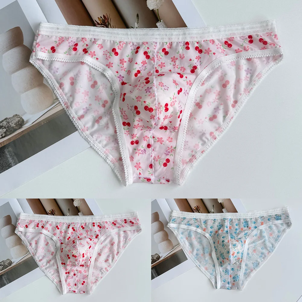 Men Sexy Briefs Underwear Sweet Printed Sissy Briefs Bulge Pouch Lace Brim Soft Underwear Sex Lingerie Underpant