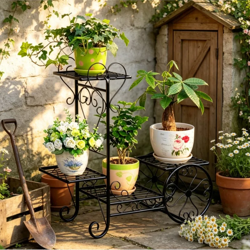 Plant Stand Iron Multi-Layer Floor Standing European Wheel Design for Balcony Living Room Pothos Succulent Flower Pot Rack