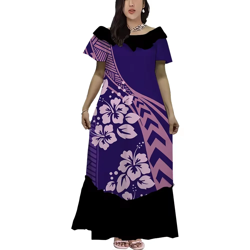 

No Minimum Large Size 5XL Ladies Long Dress Retro Style Polynesian Tonga Tribal Print Off Shoulder Dress Wholesale Price