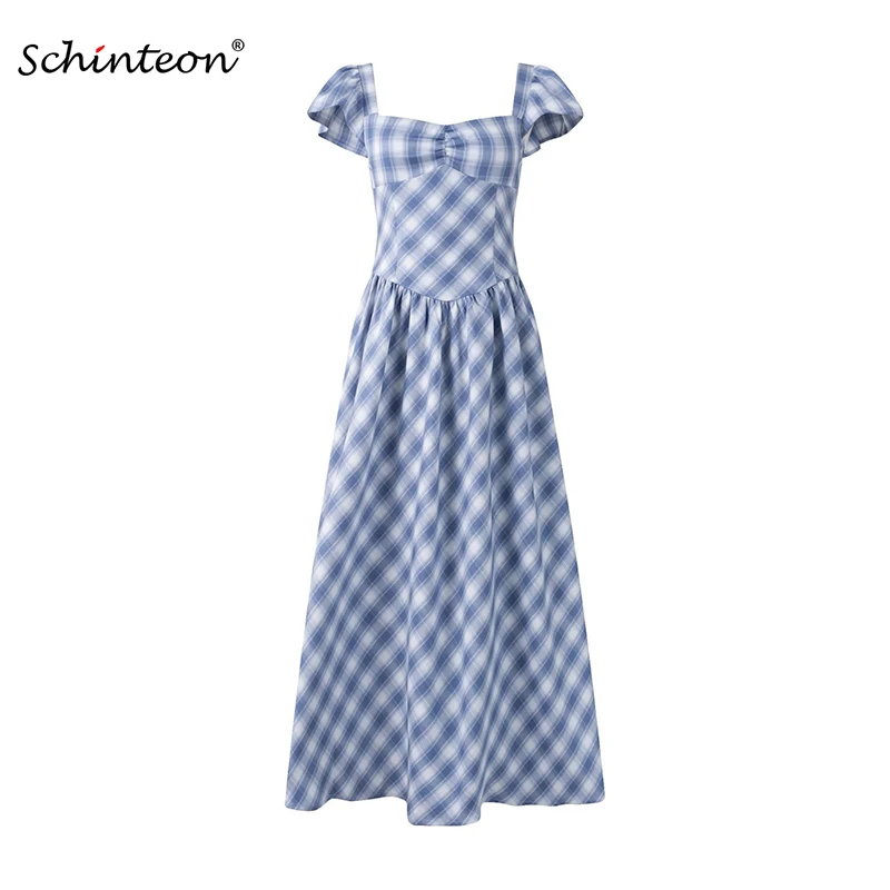 

Schinteon Women's Sweet Plaid Ankle-Length Dress Square Collar Slim Sexy Dresses Garment Sleeved 2025 Summer Beach Style