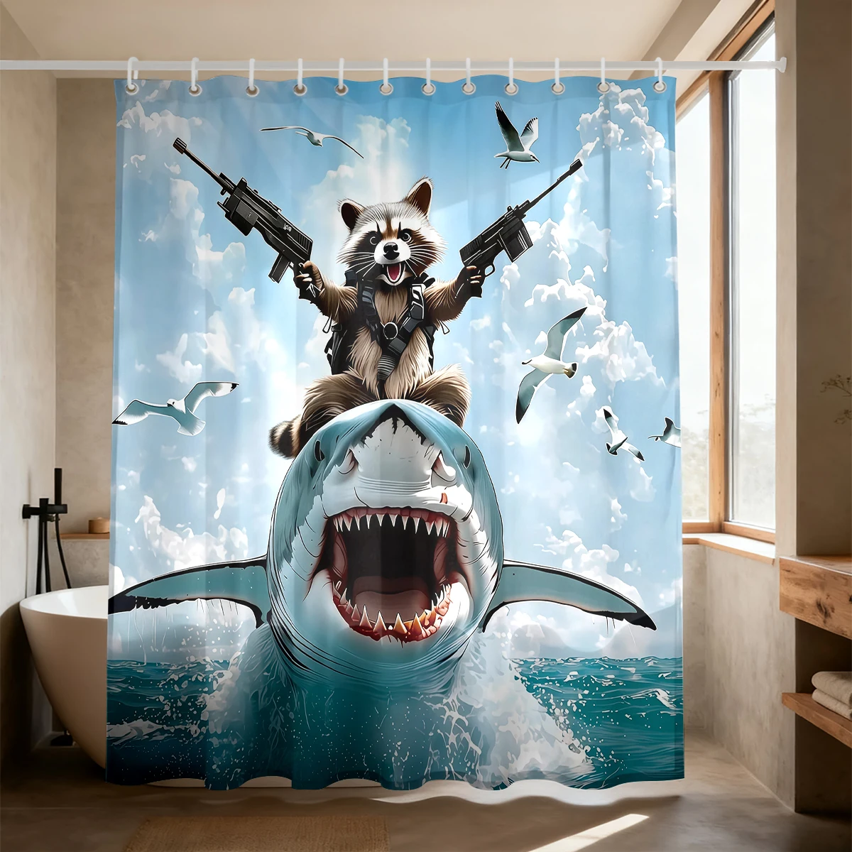 Waterproof Shower Curtain Funny Shark Riding Raccoon Surfing Ocean Wave Absurd Humor Bathroom Decor Bath Curtain