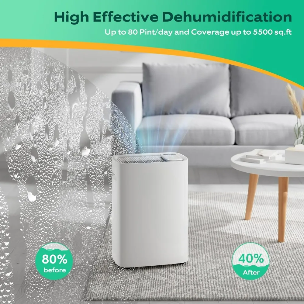 80 Pints  Dehumidifier, 5500 Sq.Ft Dehumidifier for Basement and Home, Large Room Dehumidifiers with Water Tank