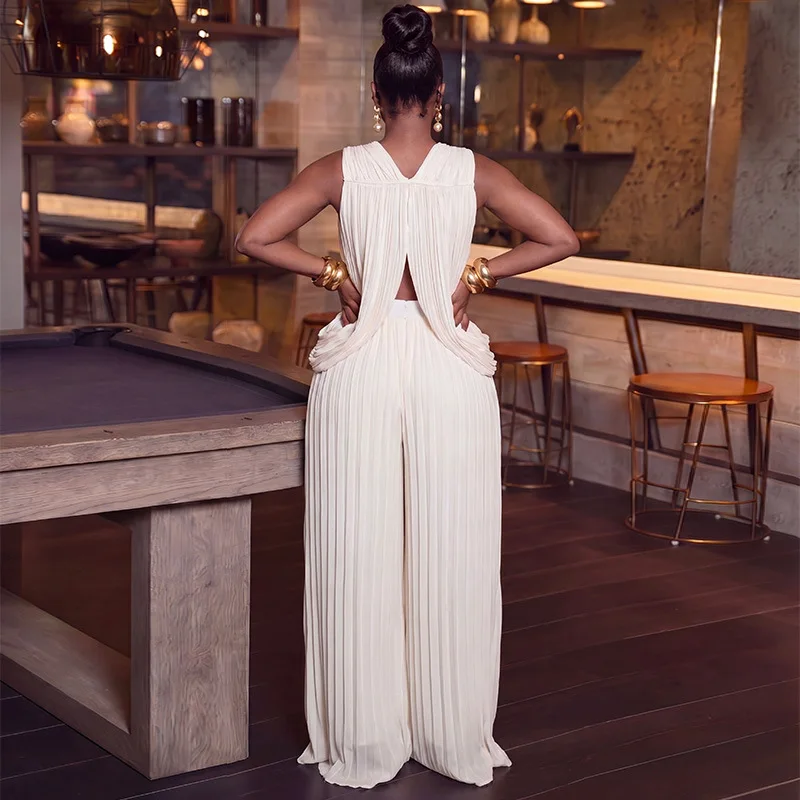 Women Pleated Two Piece Set Sleeveless Cutout Front Top With Metal Decor Wide Leg Pants Elegant EveningOutfit for Wedding Guest