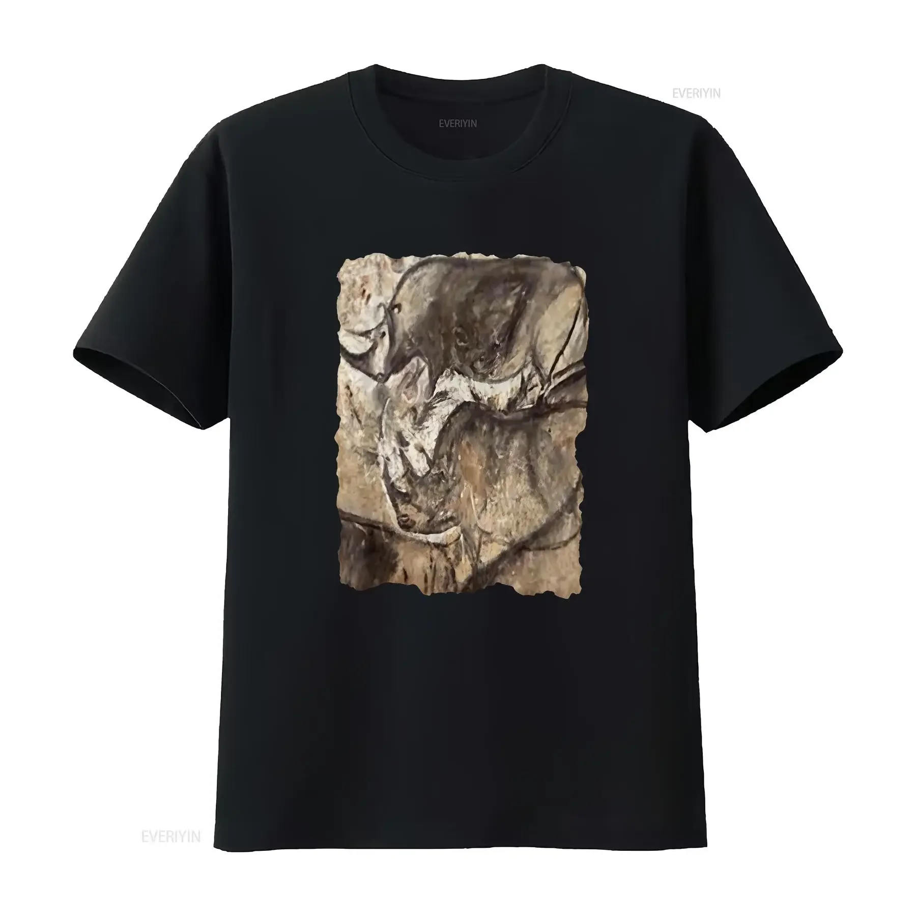 Camiseta con estampado de arte rupestre, arte prehistórico, rinocerontes en Chauvet, ropa de diseñador vintage lavada, ropa de calle cómoda para hombre, moda