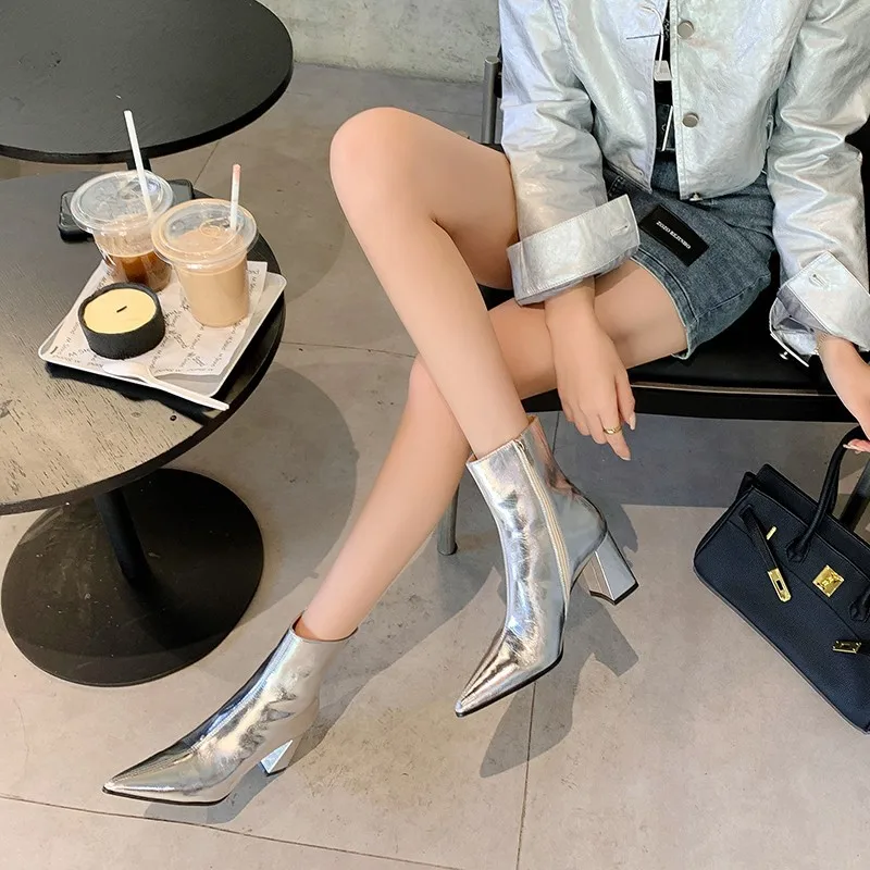 

Futuristic Metallic Silver Pointed - Toe Ankle Boots | Block - Heel E - Girl Street & Commute Fashion Boots