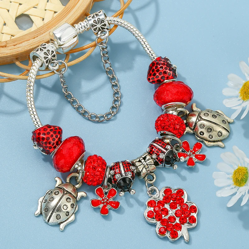 TOGORY Spring Styles Charm Bracelet With Crystal Ladybug Pendant Bracelet For Women Men Jewelry Gift Wholesale Dropshipping