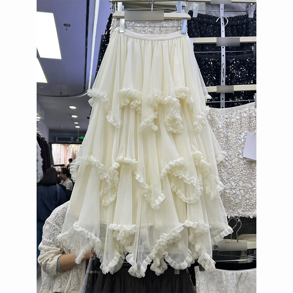 

Spring 2026 High Waist A-Line Tulle Skirt with Lace Trim Fairy Tale Cake Skirt Casual Style Non-Stretch Polyester Fabric