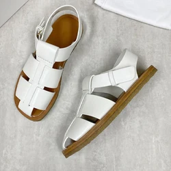 Donna-in Roman Sandals Women Genuine Cow Leather Weave Slingback One-piece Buckle Female Summer Flat Casual Shoes Handmade