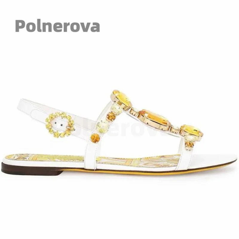

Jewels Yellow Prints Flats Sandals Women Bohemian Rhinestone Buckle Strap Luxury Design Comfortable Wummer Beach Vacation Shoes
