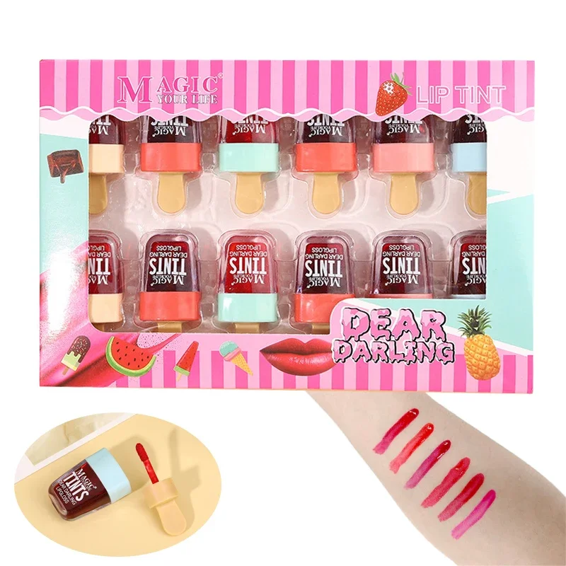 12 stücke niedlichen Lip gloss Eis Design flüssige Lippenstifte Set wasserdichte Lippen tönung langlebiges Make-up rot kosmetisches Gesicht Make-up