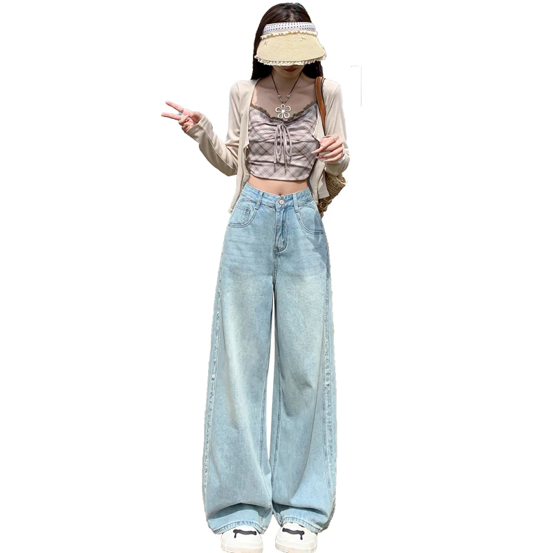 Jeans For Women Straight Leg Denim Pants 2026 Spring Fashion Wide Bottom Trousers Classic Blue Vintage Long Length Comfort Fit