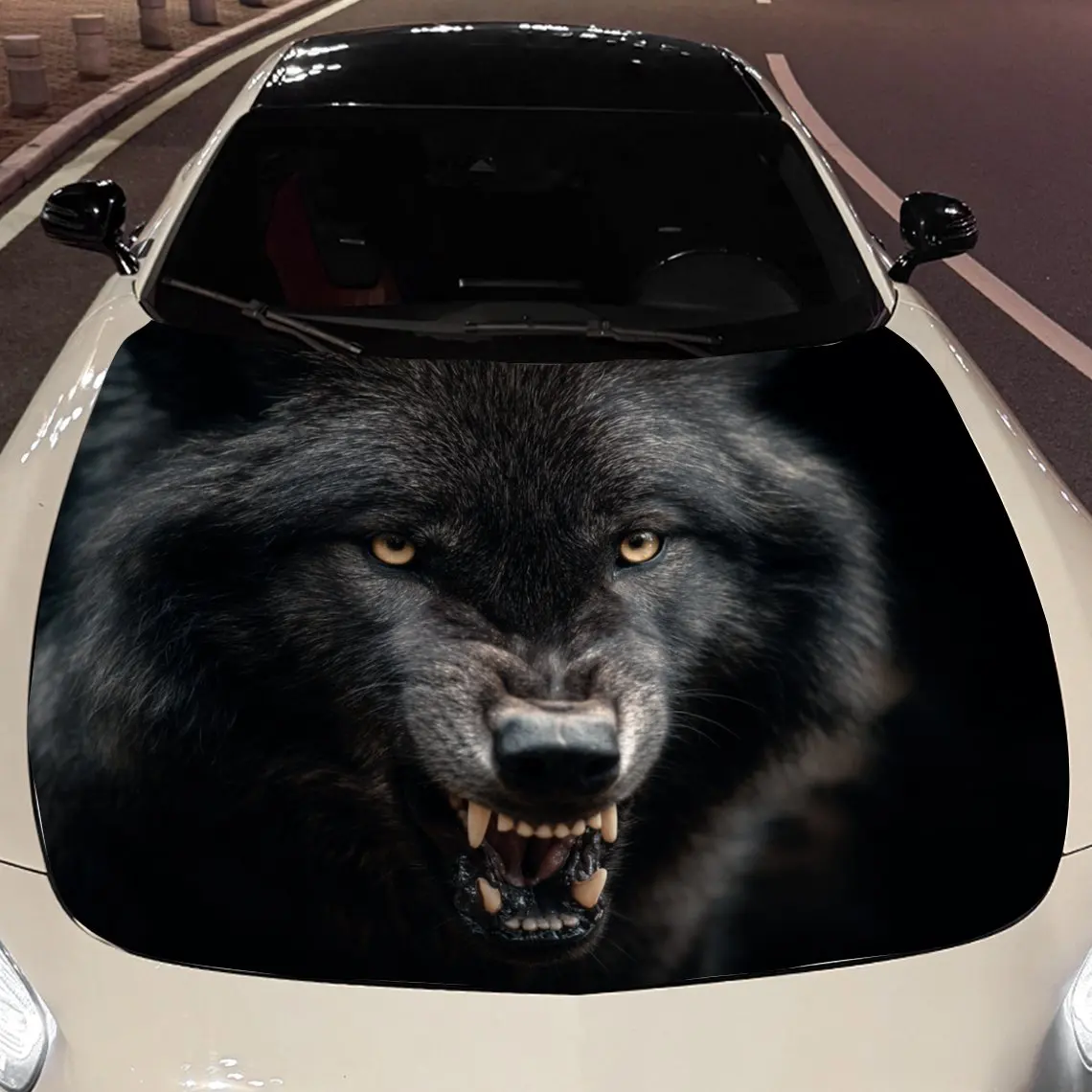 

Car Decals Ferocious Black Wolf Baring Its Fangs on a Sleek Car Hood Car Hood Sticker, Waterproof Self - Adhesive Vinyl Graphics