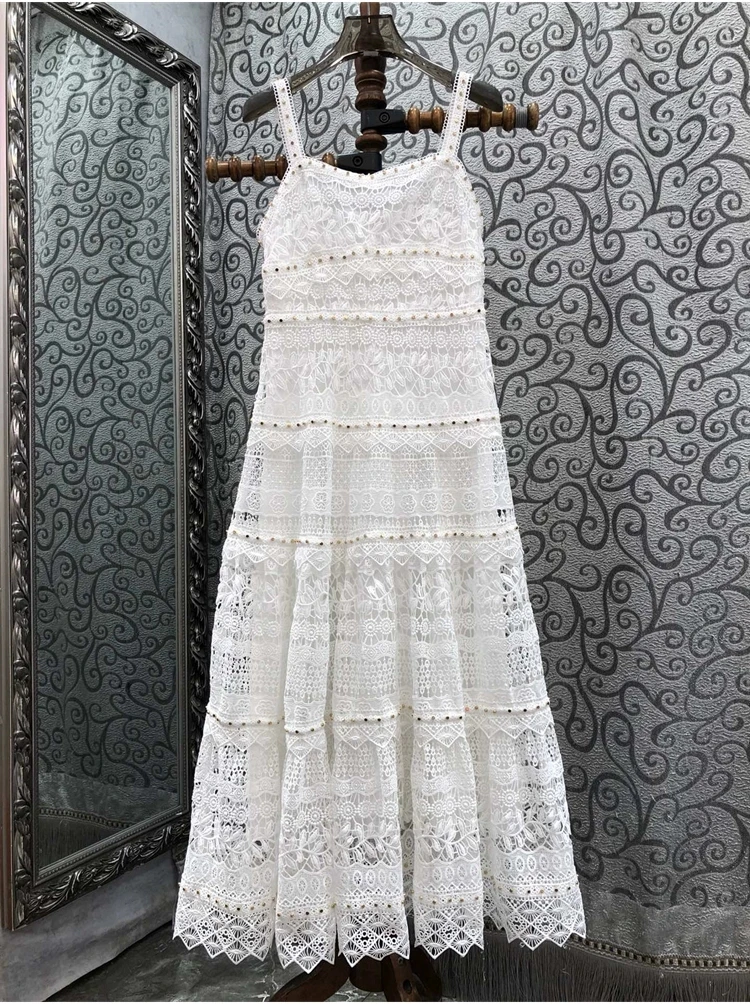 Top Quality New Long Dress 2024 Summer Evening Women Spaghetti Strap Beading Deco Sleeveless Long White Maxi Lace Dress Occasion