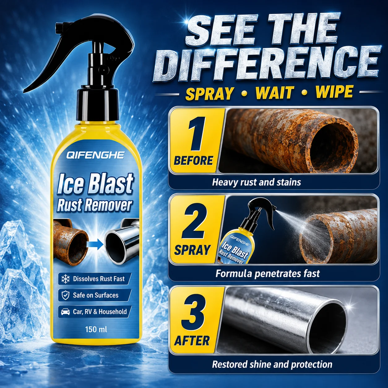 QIFENGHE Iron Powder & Rust Remover Spray, Metal Polish, Cleaner, Lubricant and Anti-Corrosion for Car Wheels