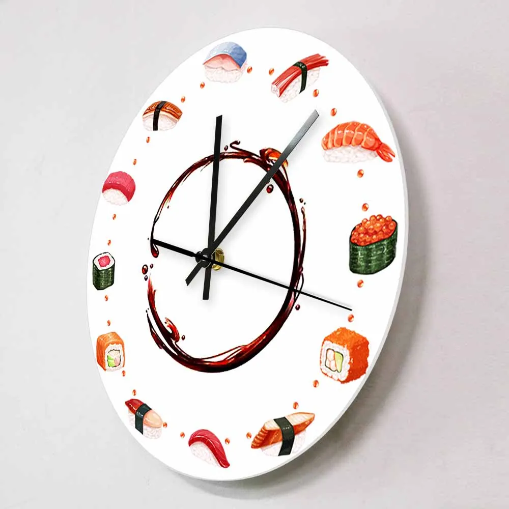 Japanese Cuisine Sushi Types Decorative Wall Clock For Kitchen Dinning Room Japan Resturant Nigiri Sashimi Food Art Quartz Clock