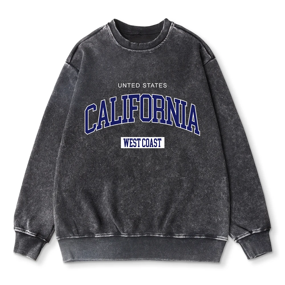 Oversize Woman Acid Wash Hoodie California West Coast Prints Sweatshirt Autumn Crewneck Cotton Pullover Couple Washed Streetwear