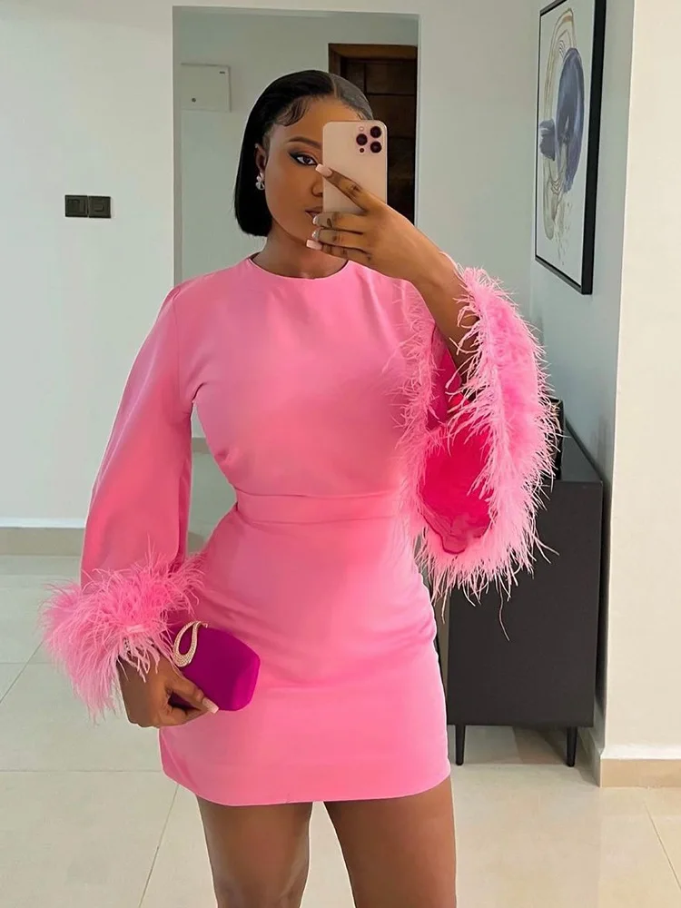 

SKMY Autumn New Women's Clothing Solid Color Elegant Round Neck Feather Patchwork Long Sleeve Dress Party Clubwear Bodycon Dress