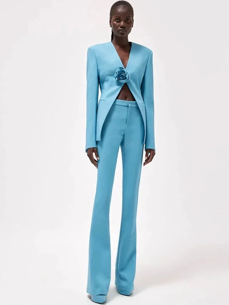 HIGH STREET Newest Fashion 2024 Designer Suit Set Women\'s Three Dimensional Flower Collarless Blazer Flare Pants Set