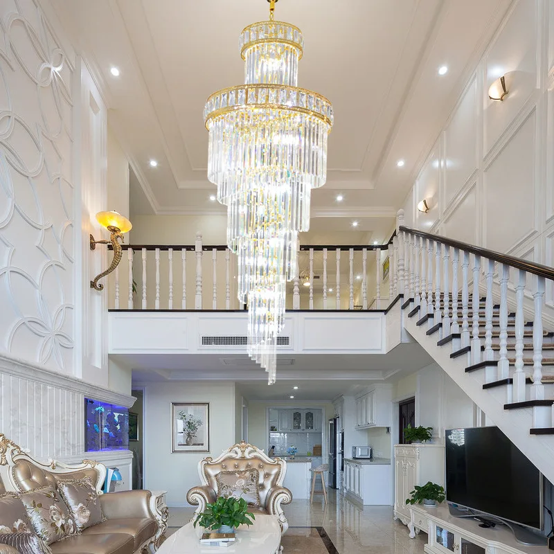 Duplex building living room chandelier, long chandelier with rotating stairs in the building