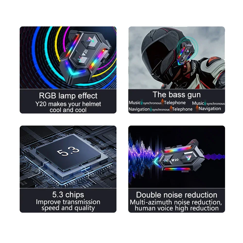 Y20 Bluetooth Motorcycle Helmet Headset 1000mAh Hands-free Noize Reduction Waterproof RGB Lighting Wireless Motobike Headphone