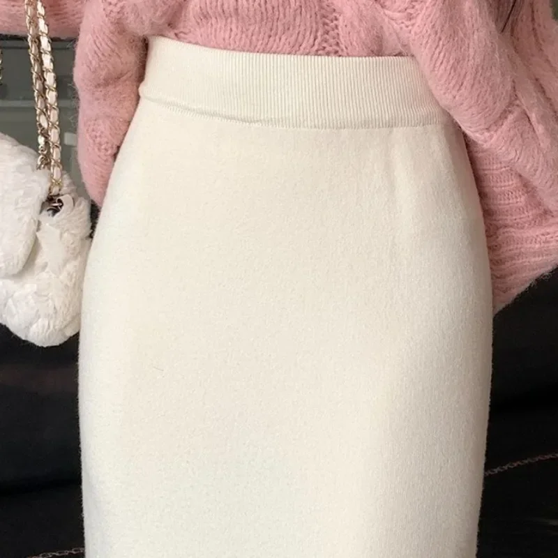 Gestrickte Midi-Röcke für Damen, Herbst und Winter, Seitenschlitz, A-Linie, Faldas, hohe Taille, einfach, Allgleiches, tägliches Temperament, attraktiv, Ulzzang 2024