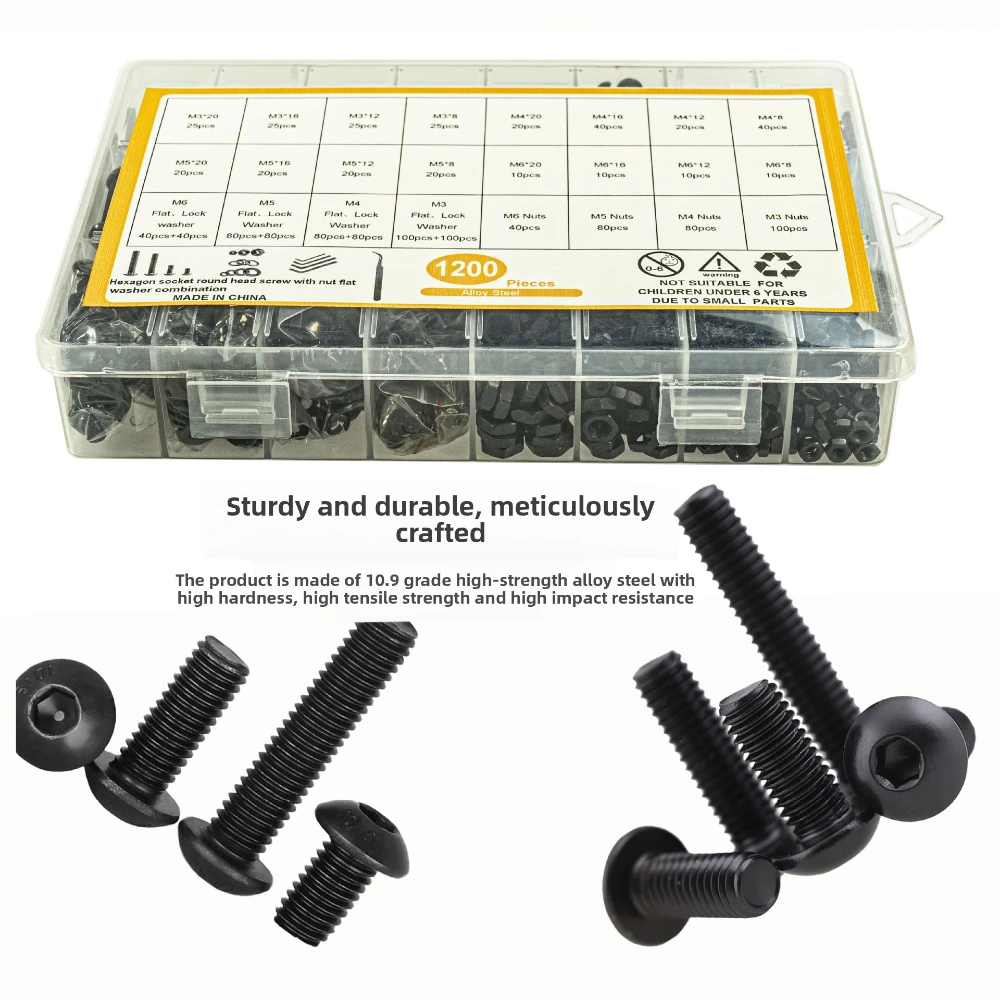 1200Pcs screw set M3M4M5M6,Grade 10.9 Alloy Steel Hexagon Hex Socket Button Head Screw Washer nut with wrench Kit for fpv drones