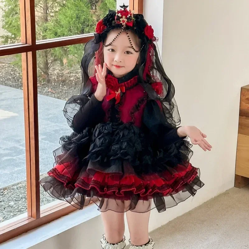 Vampire Ghost Bride Girl Gothic Lolita Princess Dress, Roupa de Cosplay Infantil, Roupas de Carnaval de Halloween, Preto, Vermelho