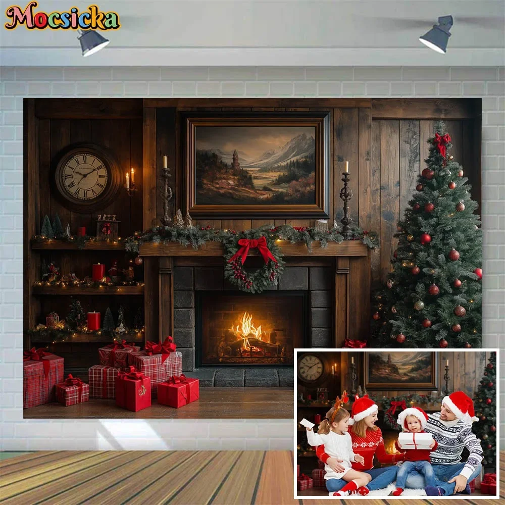 

Mocsicka Christmas Photography Backdrop Wooden Wall Fireplace Xmas Tree Gift Box Family Portrait Photo Background Shooting Props