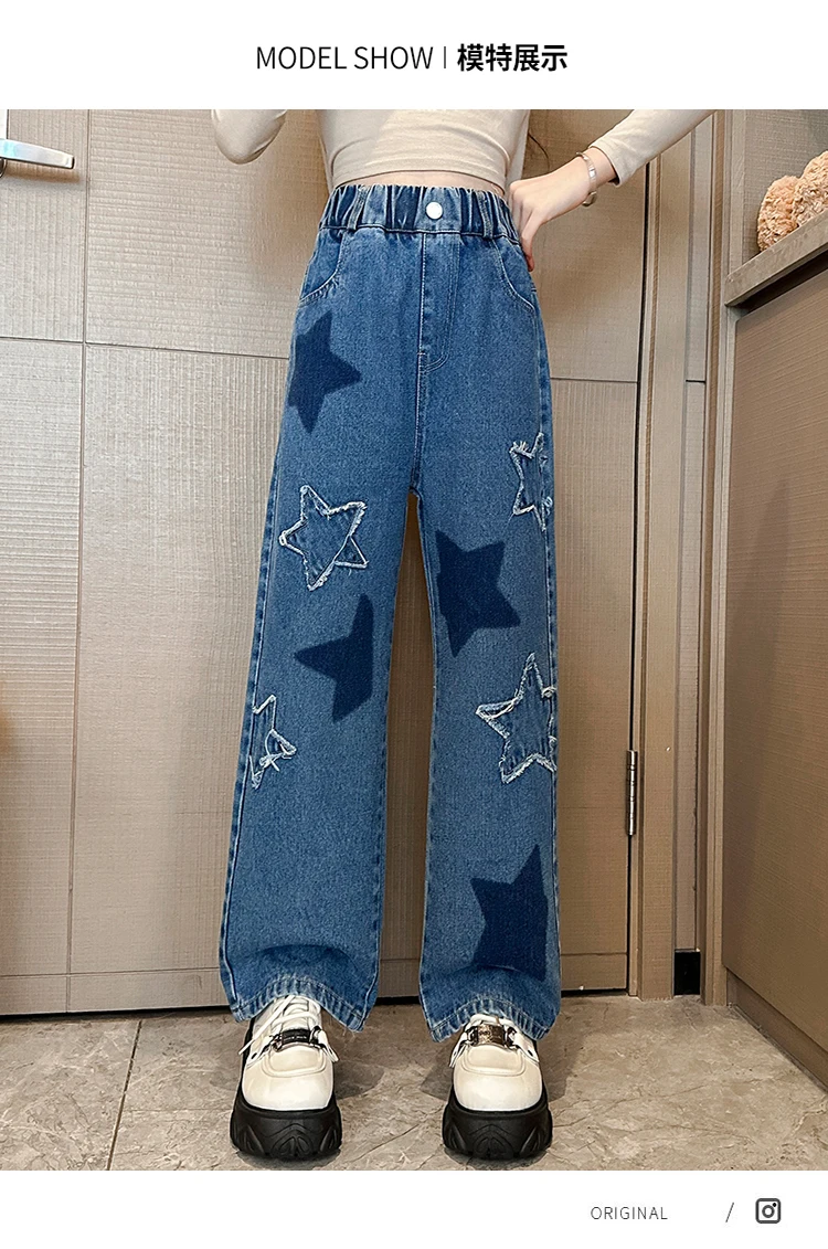 Stylische Streetwear-Jeans für Kinder mit geradem Schnitt und Sternen, modische Kleidung, Hip-Hop-Retro-Jeanshosen für Mädchen, luxuriöse Kinderhosen – Detail 2