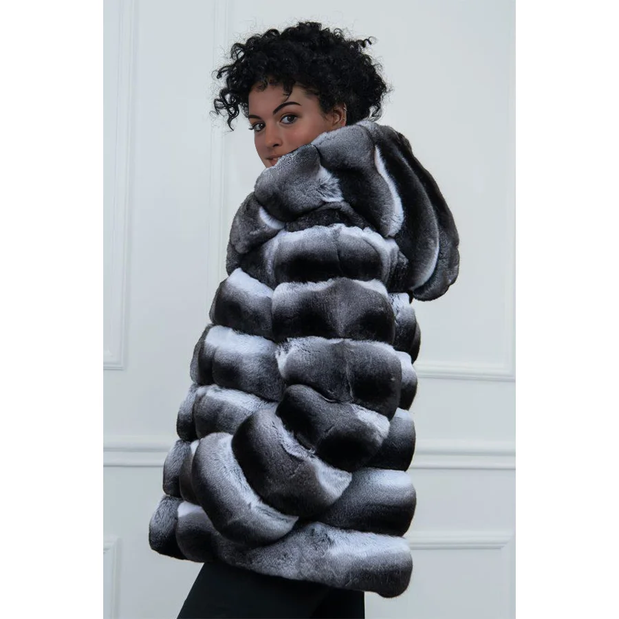 Women Fur Coat Chinchilla Rex Rabbit Fur Coat With Hood Natural Rabbit Fur Jacket Winter Clothes Women 2024