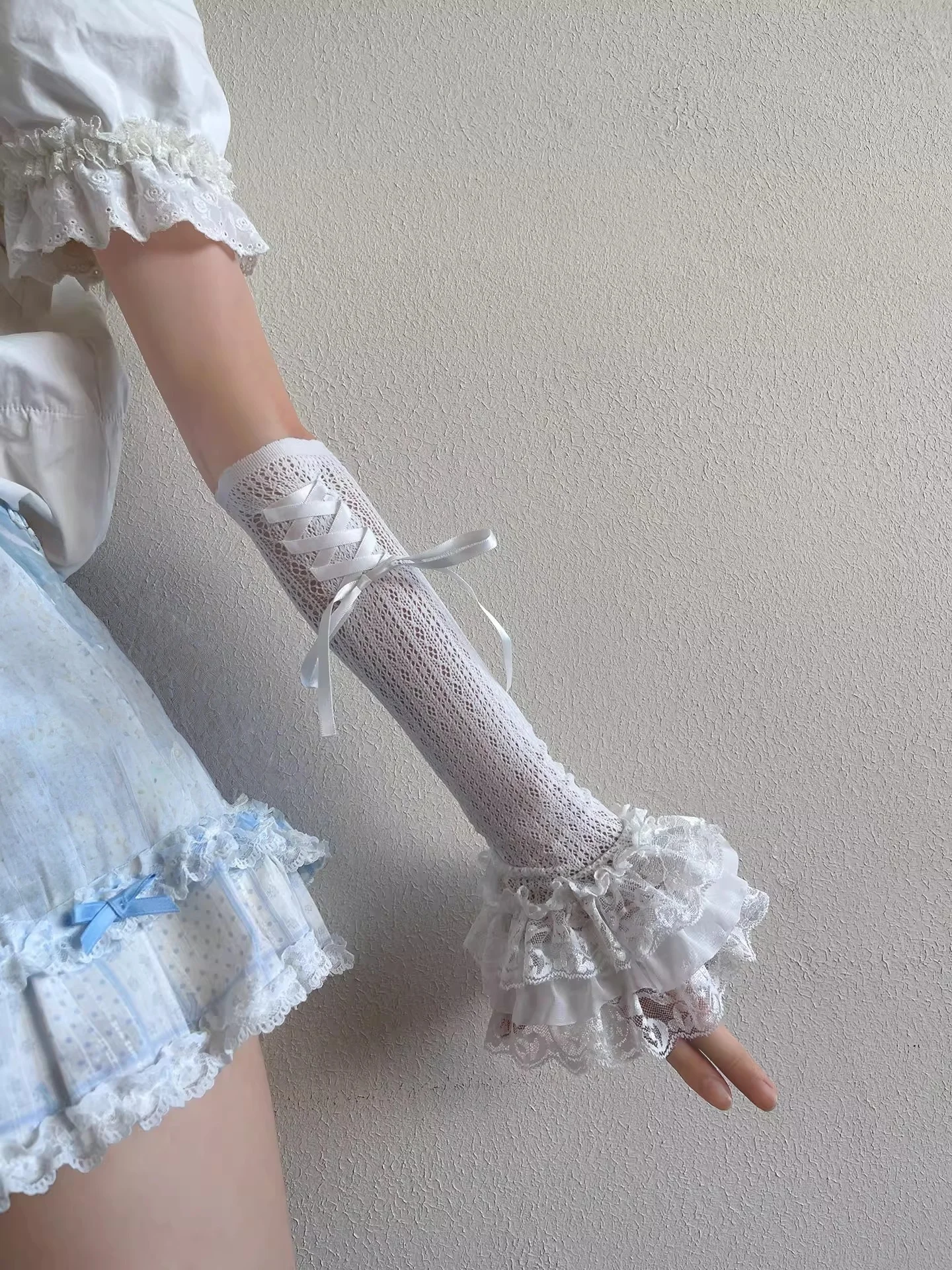 새로운 하라주쿠 핸드메이드 발레 레이스 소매 멀티 레이어 프릴리 Y2K 소녀 장갑 로리타 스위트 JK 메이드 롱 커프 장갑